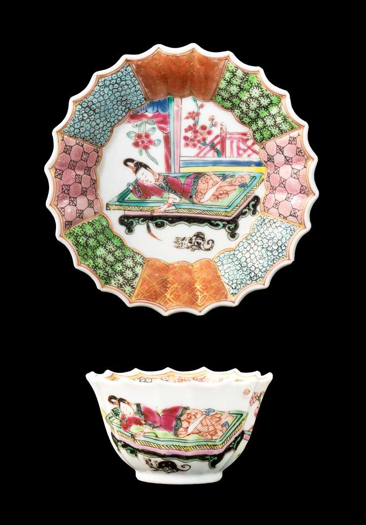 GG: Chinese porcelain famille rose teabowl and saucer